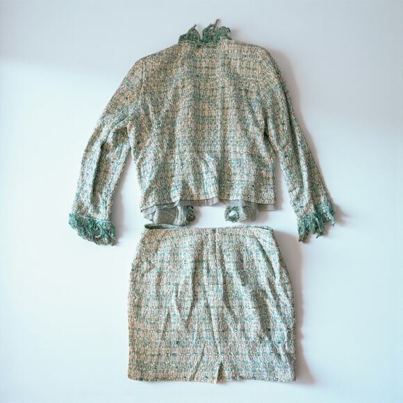 Mint Tweed Skirt Set | Fringe Trim Jacket & Mini Skirt | Matching Set - Picture 3 of 6